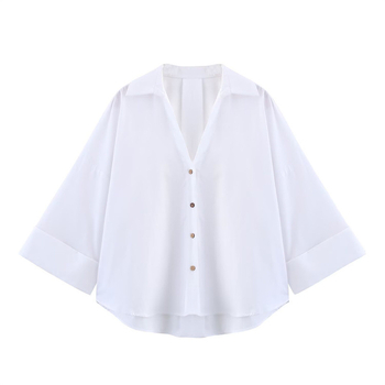 Košeľa s V-čkou, dlhé raglánové rukávy, voľný strih, polyesterový poplin