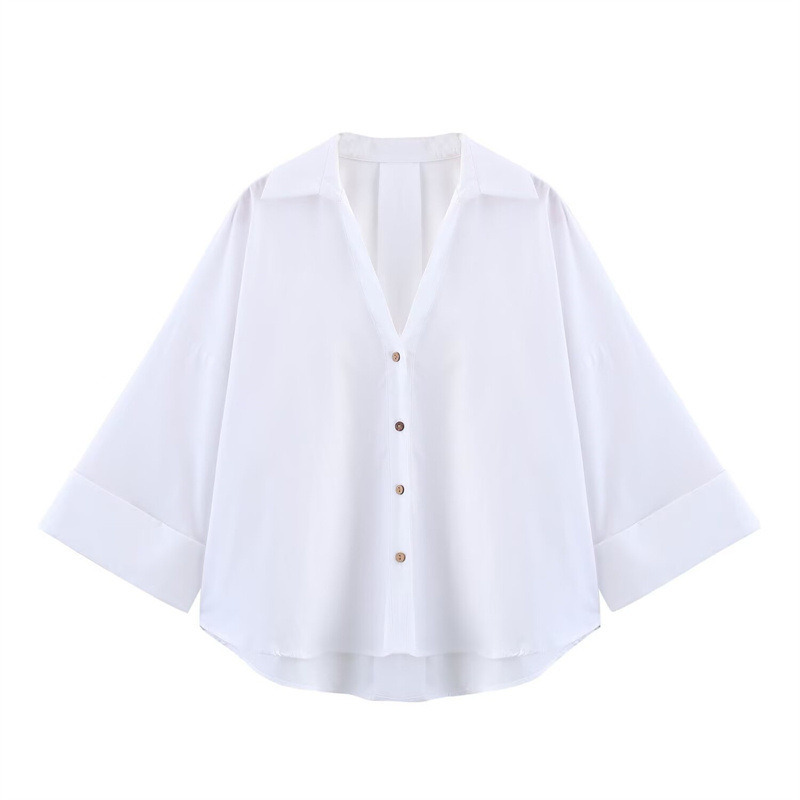 Košeľa s V-čkou, dlhé raglánové rukávy, voľný strih, polyesterový poplin