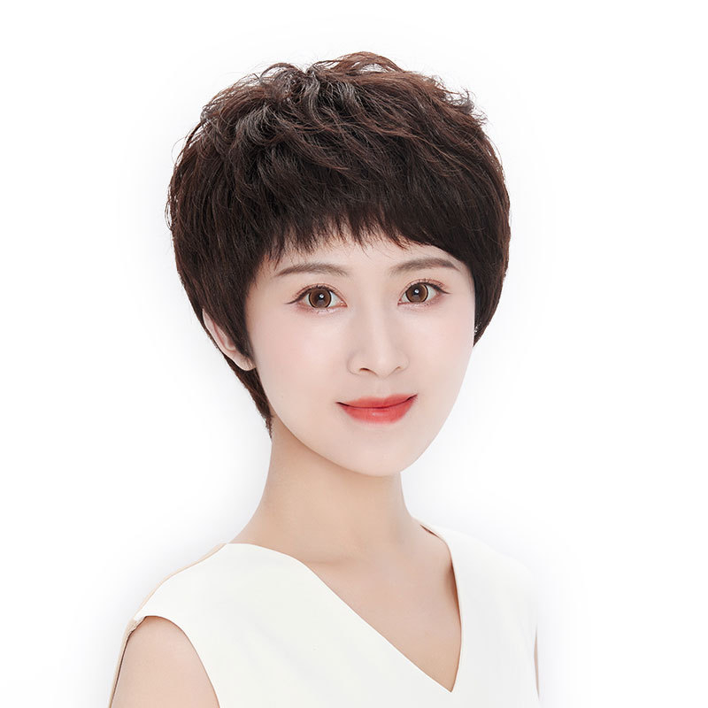 Parochňa pre ženy, prirodzená textúra, krátke kučeravé vlasy, ľahká, plné prekrytie hlavy, model W07, ľudské vlasy, možno farbiť