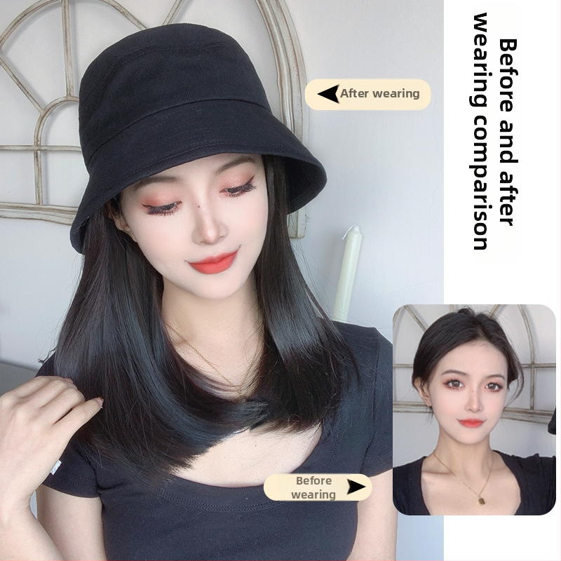 Perukai su integruota žvejybos skrybėle – Korėjiečių stilius, vidutinio ilgio plaukai iki raktikaulio, atspari temperatūrai vielos pluoštas, be kirpimo