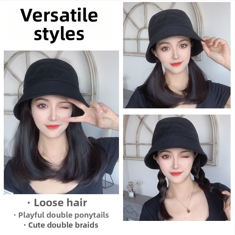 Perukai su integruota žvejybos skrybėle – Korėjiečių stilius, vidutinio ilgio plaukai iki raktikaulio, atspari temperatūrai vielos pluoštas, be kirpimo