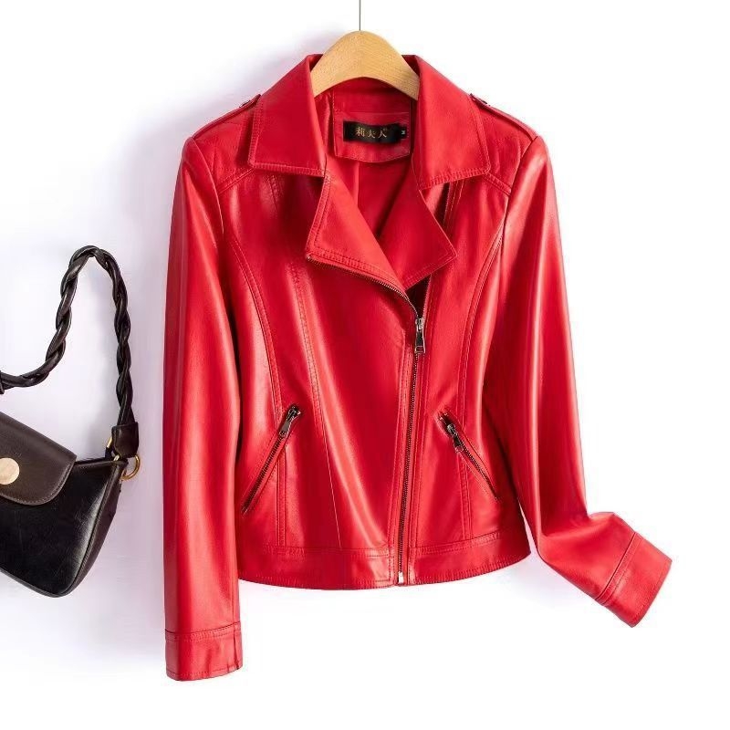 Dámska PU kožená moto bunda so zipsom, golier štýlu saka, Feifei rukávy, rock street štýl, jar 2024