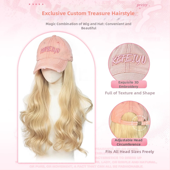 Parochňa s klobúkom – dlhé kučeravé vlasy, kórejský štýl, prirodzený vzhľad, nerozoberateľná celá hlava, teplovzdorný hodvábny materiál