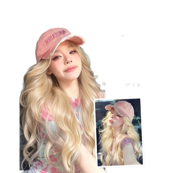 Parochňa s klobúkom – dlhé kučeravé vlasy, kórejský štýl, prirodzený vzhľad, nerozoberateľná celá hlava, teplovzdorný hodvábny materiál