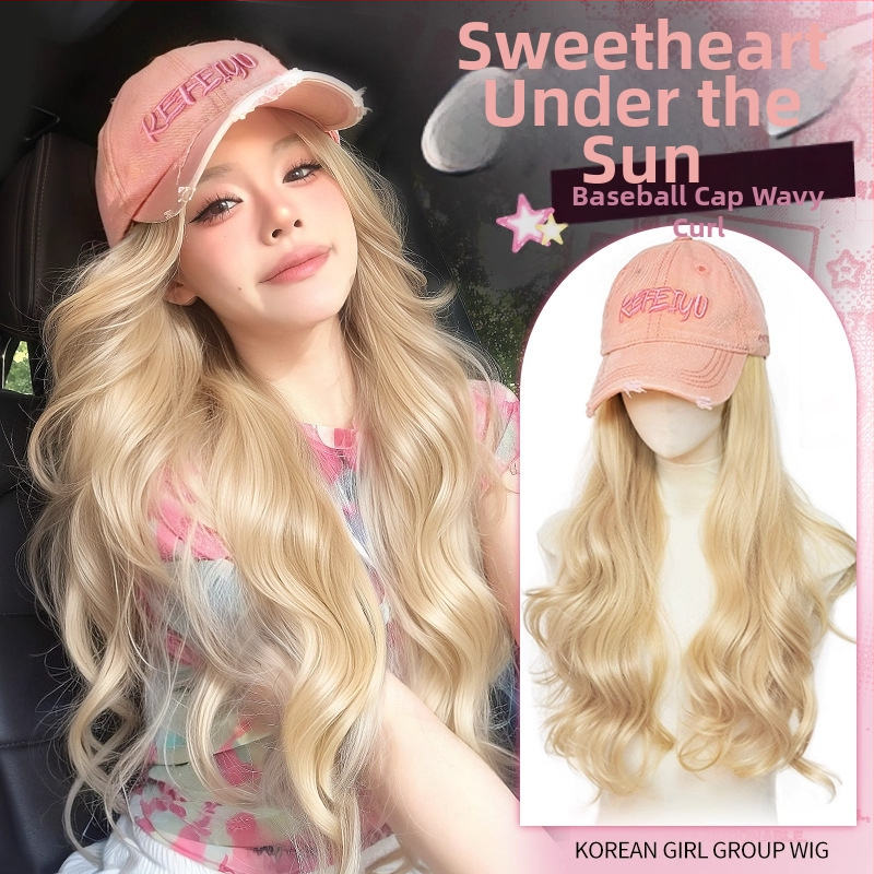 Parochňa s klobúkom – dlhé kučeravé vlasy, kórejský štýl, prirodzený vzhľad, nerozoberateľná celá hlava, teplovzdorný hodvábny materiál