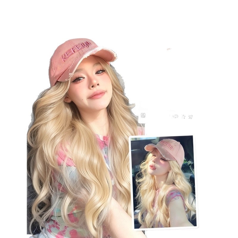 Parochňa s klobúkom – dlhé kučeravé vlasy, kórejský štýl, prirodzený vzhľad, nerozoberateľná celá hlava, teplovzdorný hodvábny materiál