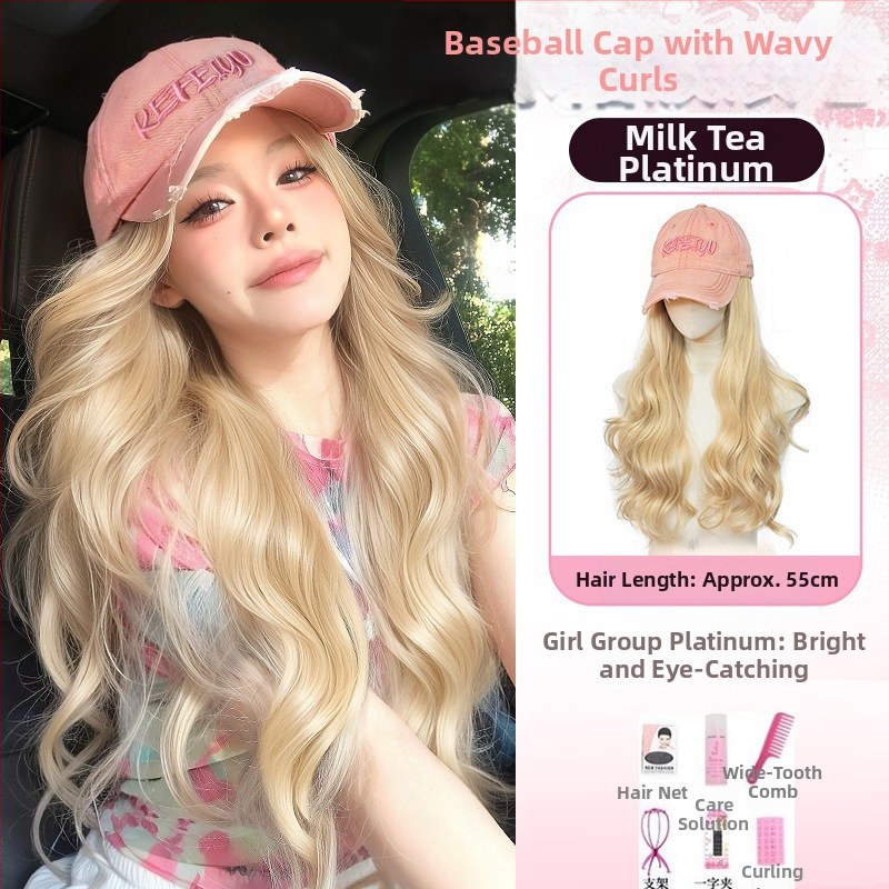 Parochňa s klobúkom – dlhé kučeravé vlasy, kórejský štýl, prirodzený vzhľad, nerozoberateľná celá hlava, teplovzdorný hodvábny materiál