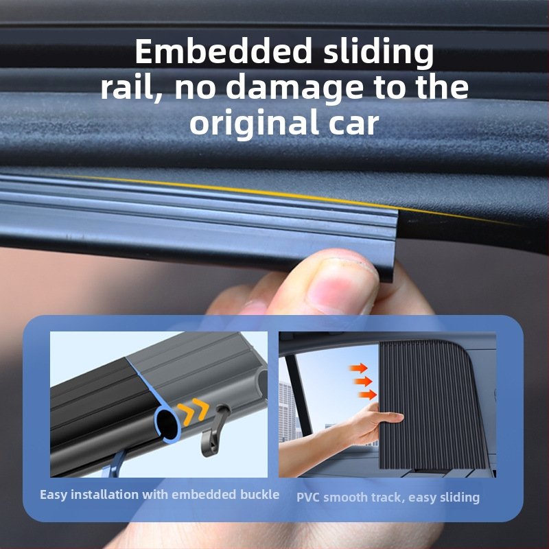 Slnečník do okien auta, univerzálna bočná záclona s vloženou koľajnicou, montáž zacvaknutím, PVC materiál