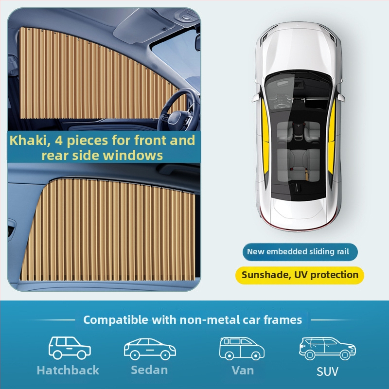 Slnečník do okien auta, univerzálna bočná záclona s vloženou koľajnicou, montáž zacvaknutím, PVC materiál