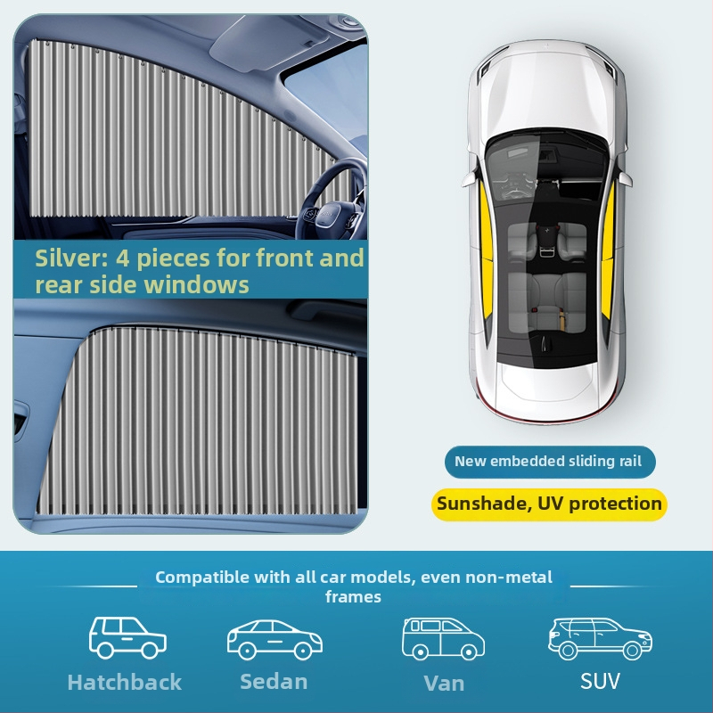 Slnečník do okien auta, univerzálna bočná záclona s vloženou koľajnicou, montáž zacvaknutím, PVC materiál