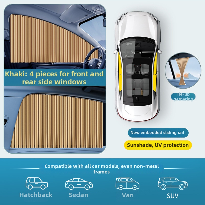 Slnečník do okien auta, univerzálna bočná záclona s vloženou koľajnicou, montáž zacvaknutím, PVC materiál