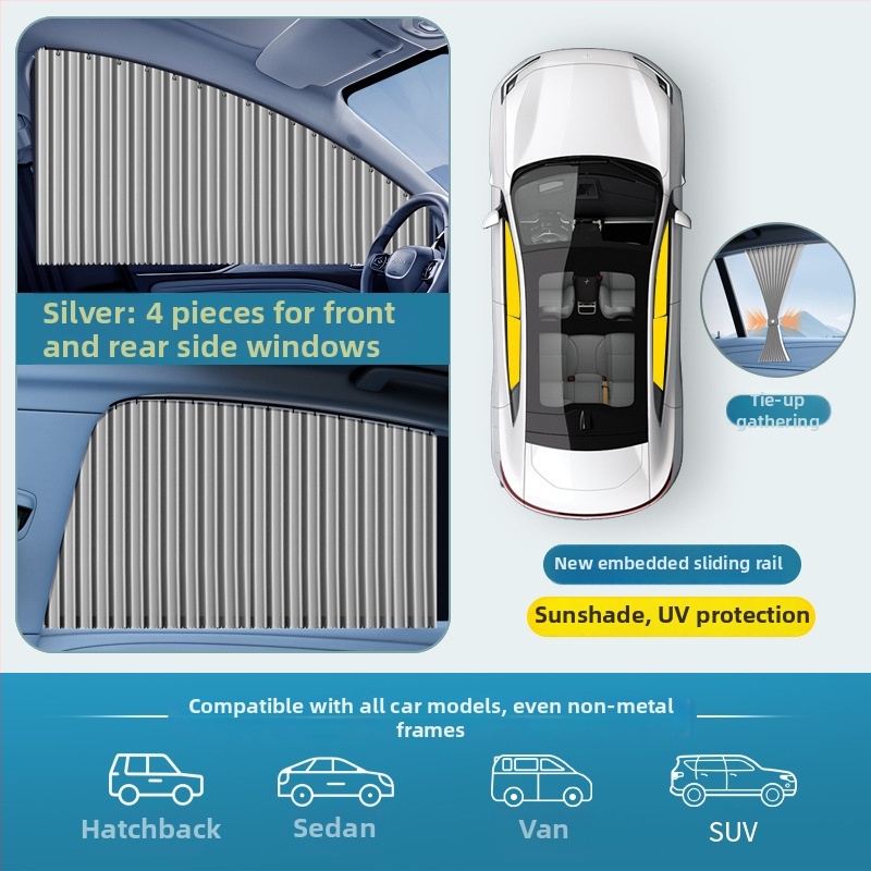 Slnečník do okien auta, univerzálna bočná záclona s vloženou koľajnicou, montáž zacvaknutím, PVC materiál