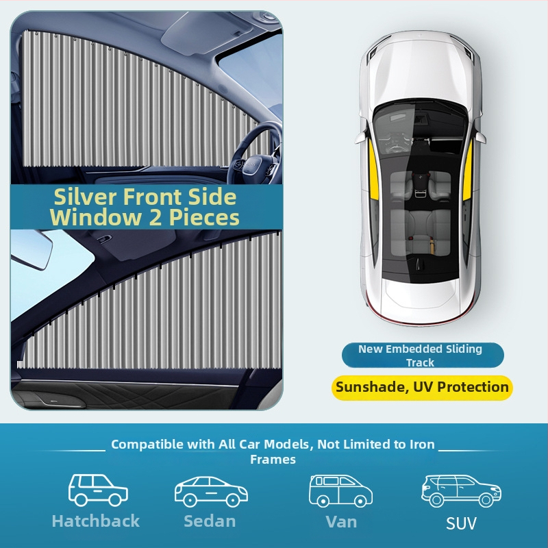 Slnečník do okien auta, univerzálna bočná záclona s vloženou koľajnicou, montáž zacvaknutím, PVC materiál