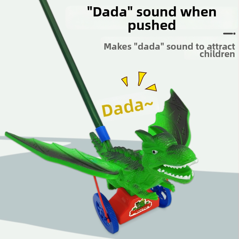 Dinosaura push ratiņš – izglītojoša spēle bērniem ar zvaniņu, no plastmasas, attīsta roku-acu koordināciju (4-6 gadi)