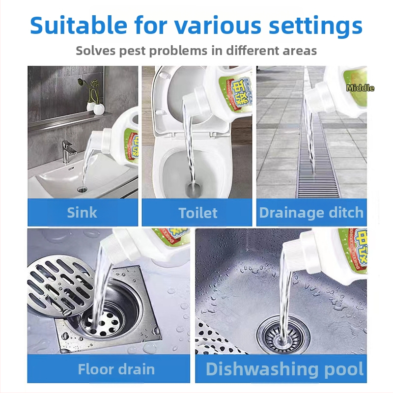 Skystas insekticidų priemonės nuotekoms ir vamzdžiams (vonios kambarys ir virtuvė) – prekės ženklas Yuhong; taikoma lėkštiems skraidantiems kenkejams, tarakonams, daugiažirbiams ir uodams