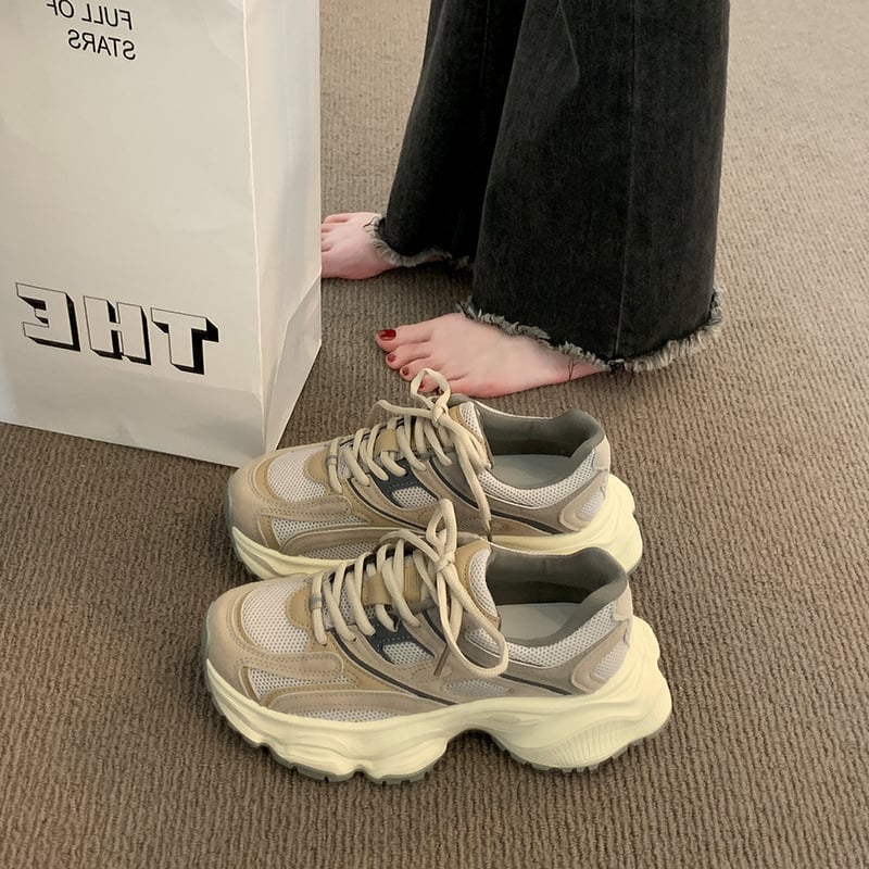 Dámske casual topánky s hrubou podrážkou — sieťovaný vršok, šnúrkový zámok, EVA stielka, gumová podrážka