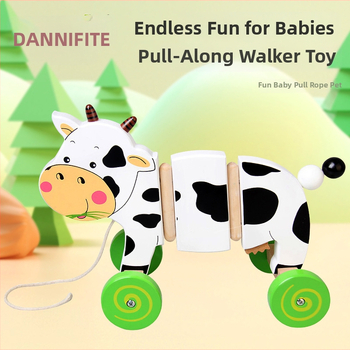 Medinis traukiamasis vežimėlis su pieno karve vaikams 4–6 metų — švietėjiška ankstyvojo ugdymo žaislas