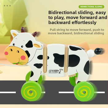 Medinis traukiamasis vežimėlis su pieno karve vaikams 4–6 metų — švietėjiška ankstyvojo ugdymo žaislas