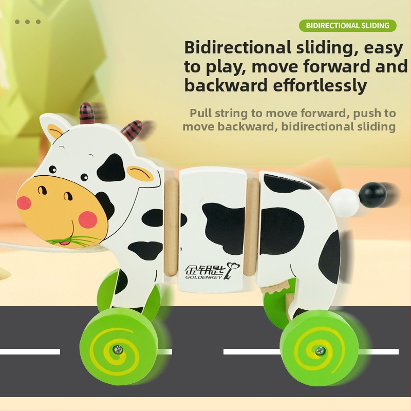 Koka vilcējam ratiem ar piena govs motīvu, bērniem 4–6 gadiem — izglītojoša agrīnas attīstības rotaļlieta