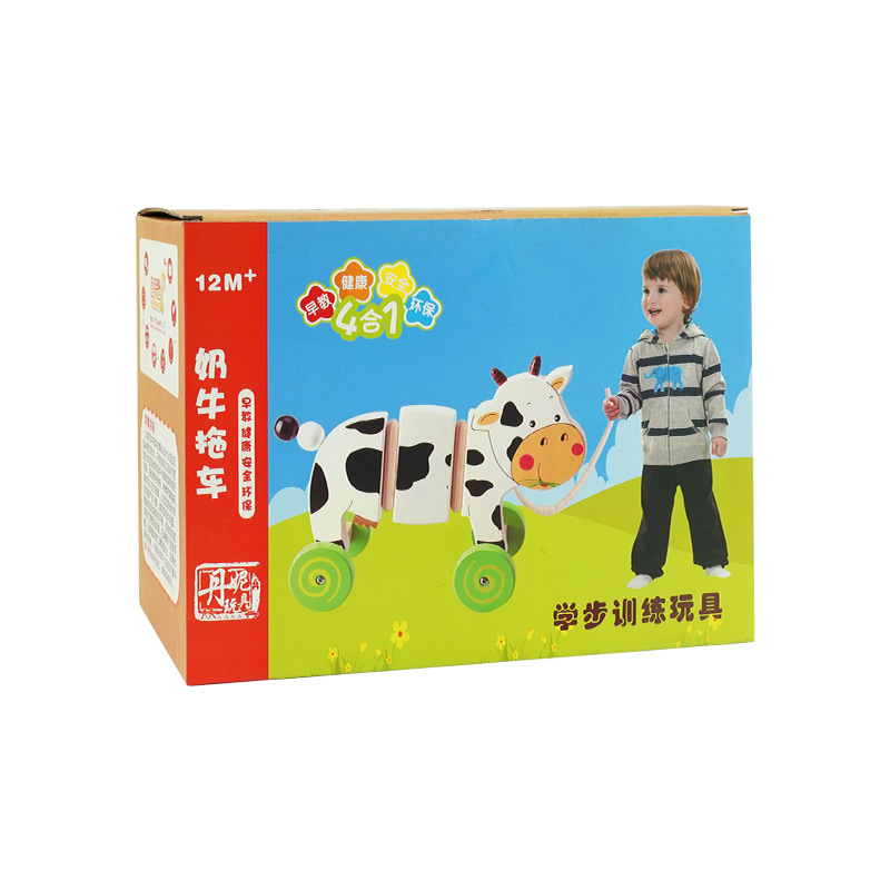 Medinis traukiamasis vežimėlis su pieno karve vaikams 4–6 metų — švietėjiška ankstyvojo ugdymo žaislas