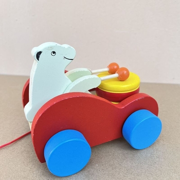 Medinė vilkanti meškiuko žaislas su būgnu – lavinamoji žaislas kūdikiams 0–3 metų