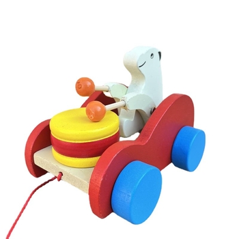 Medinė vilkanti meškiuko žaislas su būgnu – lavinamoji žaislas kūdikiams 0–3 metų