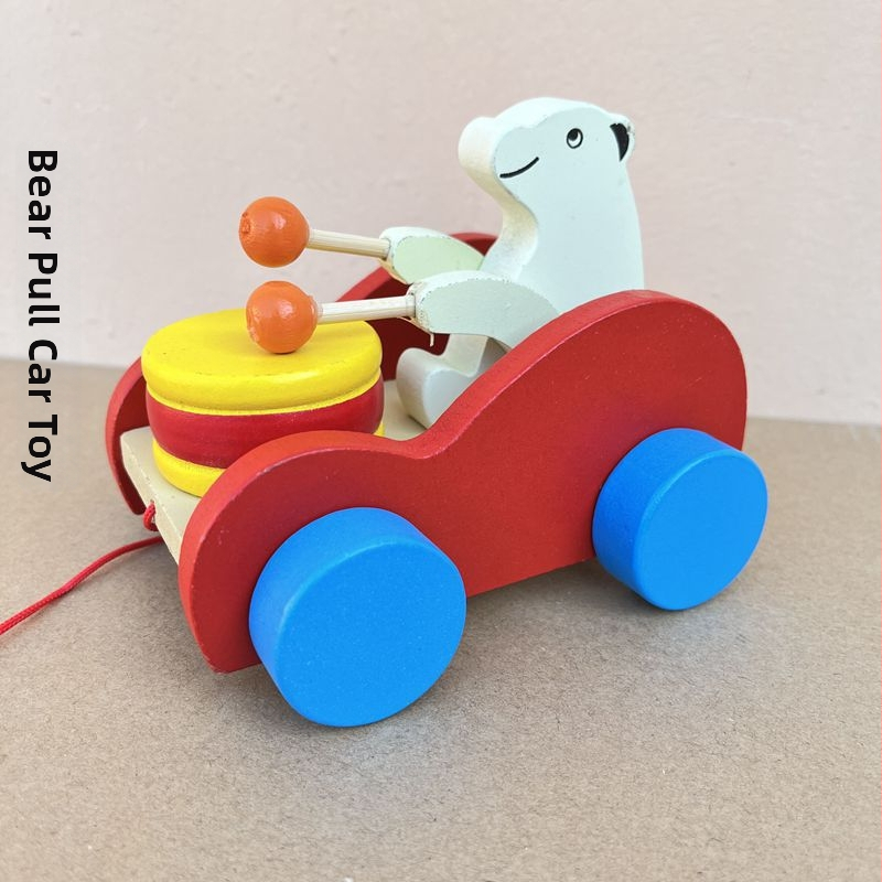 Medinė vilkanti meškiuko žaislas su būgnu – lavinamoji žaislas kūdikiams 0–3 metų