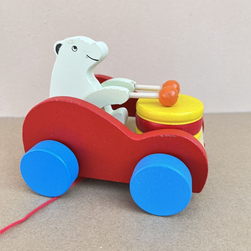 Medinė vilkanti meškiuko žaislas su būgnu – lavinamoji žaislas kūdikiams 0–3 metų