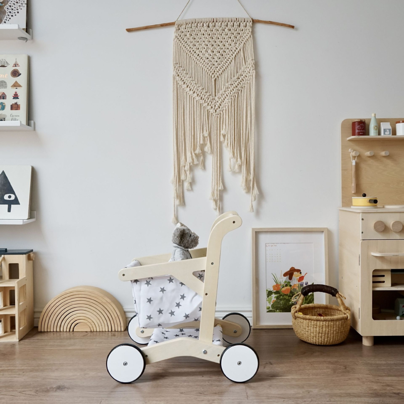 Koka rotaļlietu iepirkšanās ratiņi bērniem – rotaļlietu ratiņi spēlei, 4–6 gadi