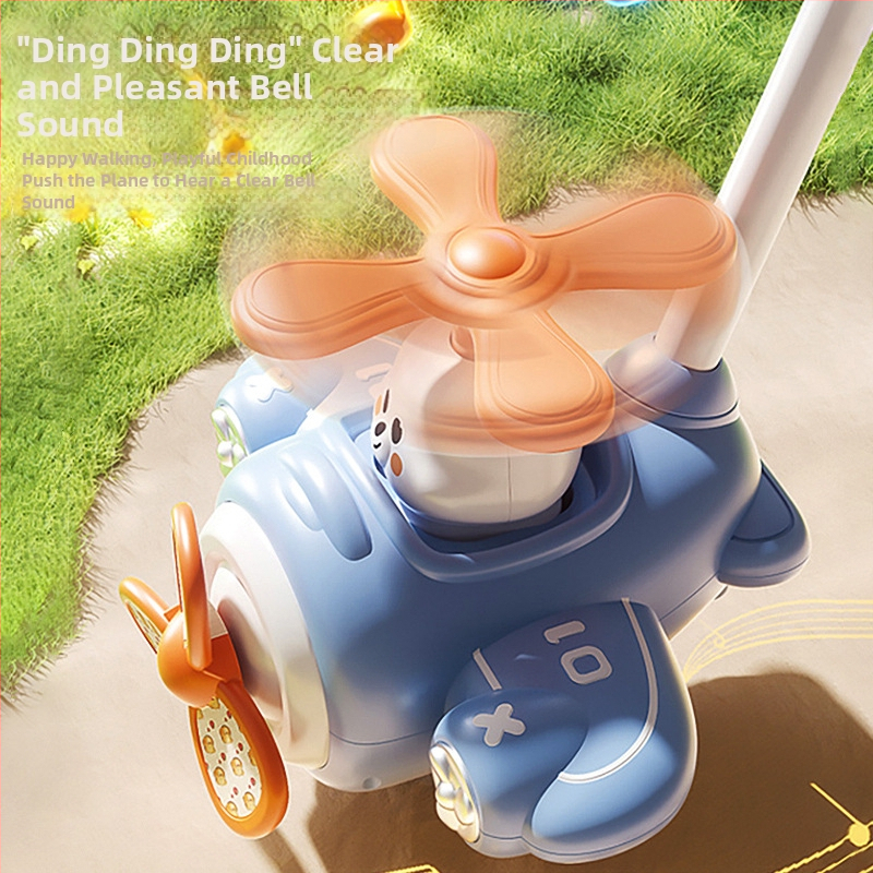 Lėktuvo formos stumiamas žaislas kūdikiams — plastikinis, su apšvietimu, lavina rankos-akių koordinaciją, griebimą ir klausą