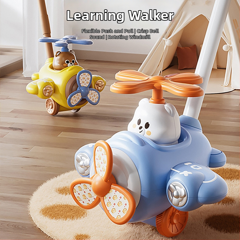 Lėktuvo formos stumiamas žaislas kūdikiams — plastikinis, su apšvietimu, lavina rankos-akių koordinaciją, griebimą ir klausą