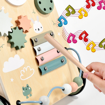 Drevené chodítko pre batoľatá – multifunkčné vzdelávacie chodítko z dreva pre deti 0-3 rokov, podporuje koordináciu ruky a oka a senzorický vývoj; Model MBS-2403; bez hudby.