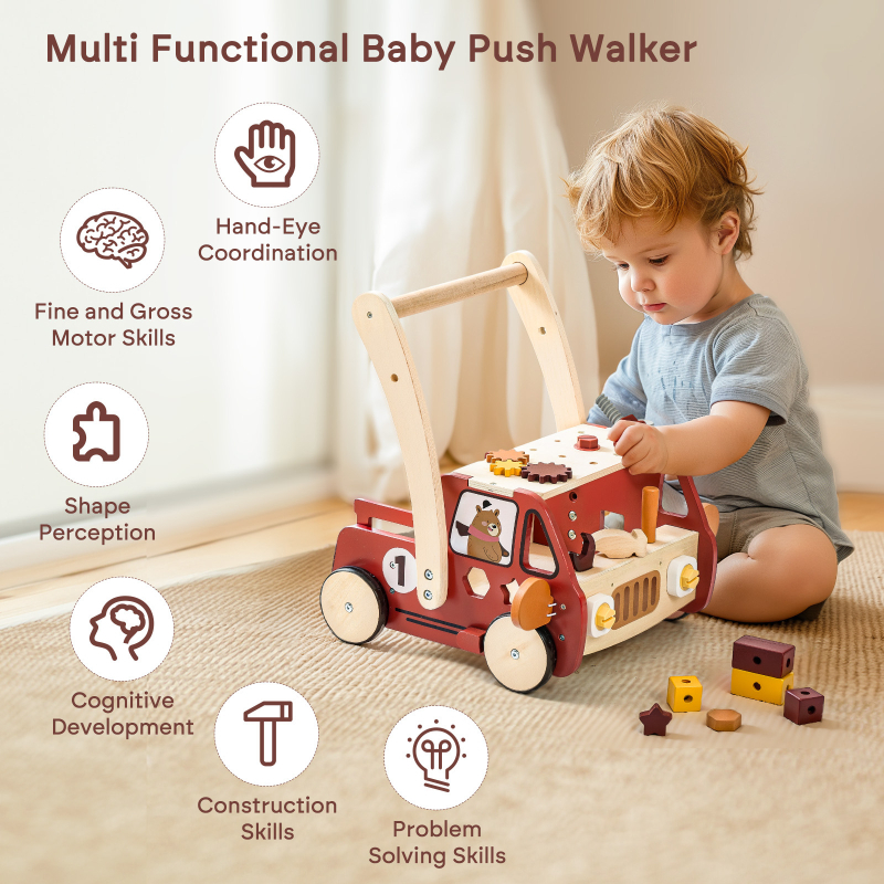 Drevené učacie chodítko pre bábätká s konštrukčnými blokmi – multifunkčná ťahacia hračka pre vek 0–3 rokov