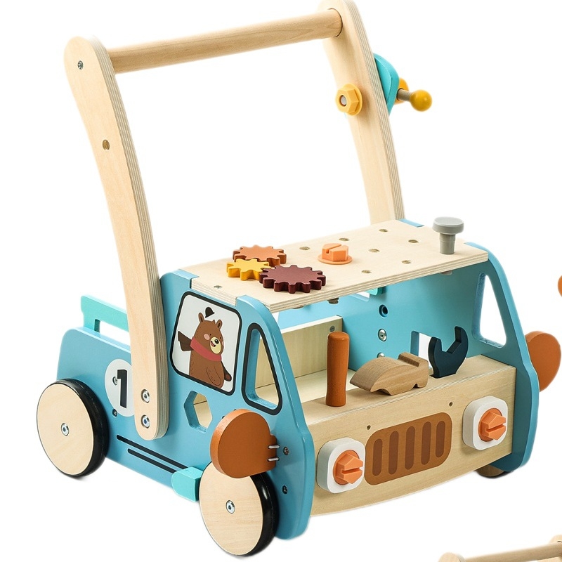 Drevené učacie chodítko pre bábätká s konštrukčnými blokmi – multifunkčná ťahacia hračka pre vek 0–3 rokov