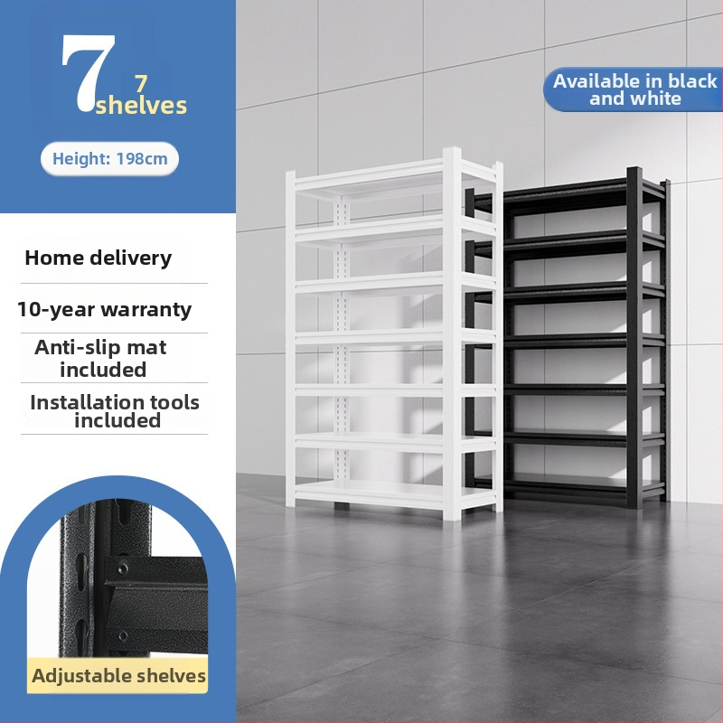 Domáci úložný regál z uhlíkovej ocele, 7-poschodový, podlahový, pohyblivý, s 2 krabičkami