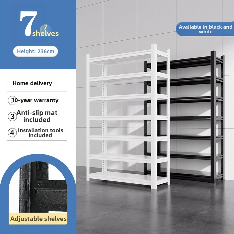 Domáci úložný regál z uhlíkovej ocele, 7-poschodový, podlahový, pohyblivý, s 2 krabičkami