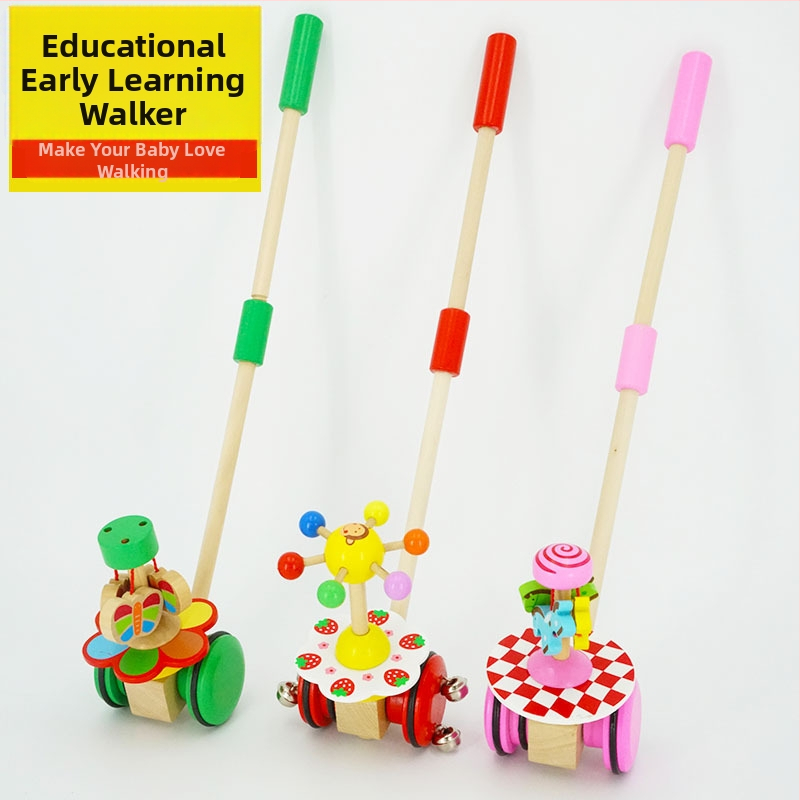 Drevená tlačná hračka pre dojčatá 0–2 rokov s motýľovou otáčajúcou sa tyčou, podporuje senzorický vývoj, vizuálny a kognitívny vývoj a koordináciu ruka–oko