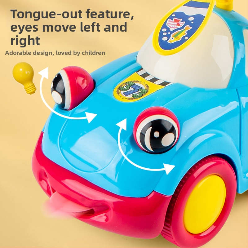 Bērnu vilkšanas spēļu auto ar divdaļīgu stieni, zvaniņu un kustīgām acīm; plastmasas konstrukcija; iepakots somiņā; vecuma diapazons 4–6 gadi.