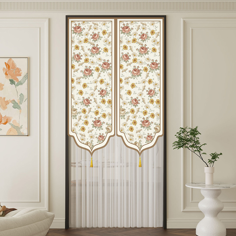 Dverový záves s čipkou, proti komárom, súkromie pre obývaciu izbu a spálňu – polyester, kvetinový vzor, moderný minimalistický štýl, jar 2025