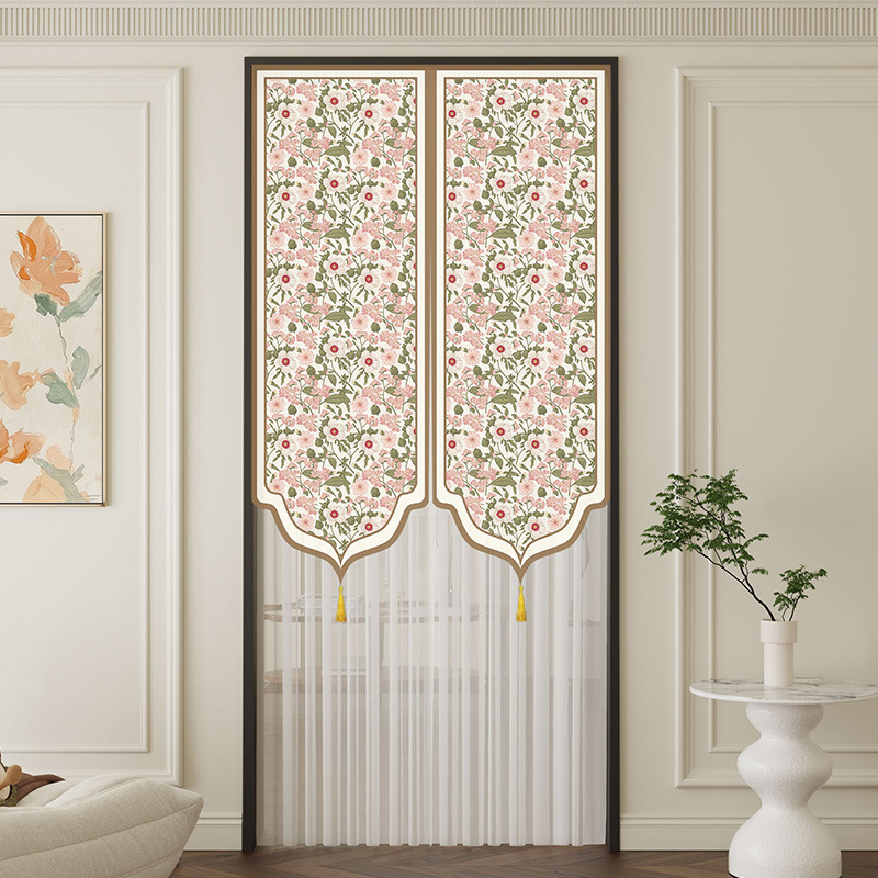 Dverový záves s čipkou, proti komárom, súkromie pre obývaciu izbu a spálňu – polyester, kvetinový vzor, moderný minimalistický štýl, jar 2025