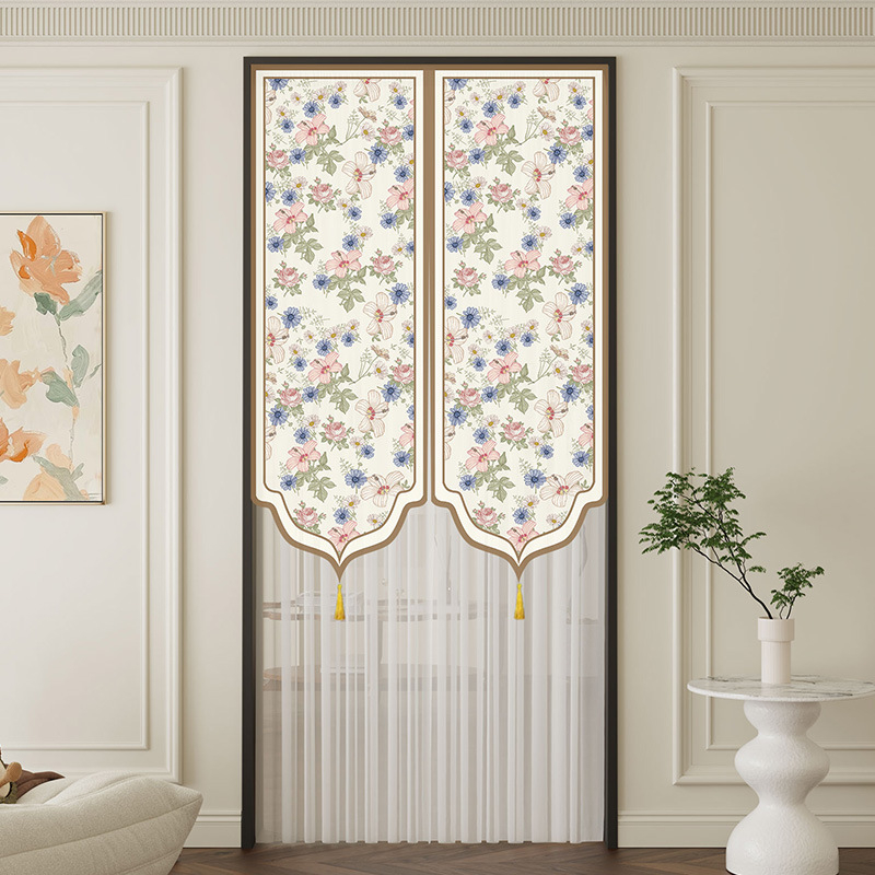 Dverový záves s čipkou, proti komárom, súkromie pre obývaciu izbu a spálňu – polyester, kvetinový vzor, moderný minimalistický štýl, jar 2025