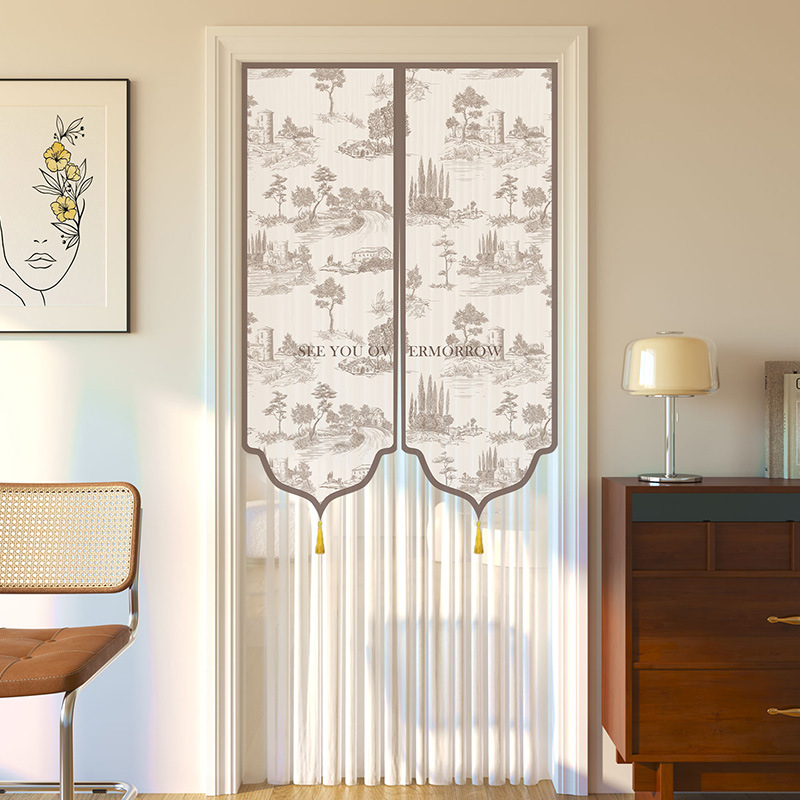 Dverový záves s čipkou, proti komárom, súkromie pre obývaciu izbu a spálňu – polyester, kvetinový vzor, moderný minimalistický štýl, jar 2025