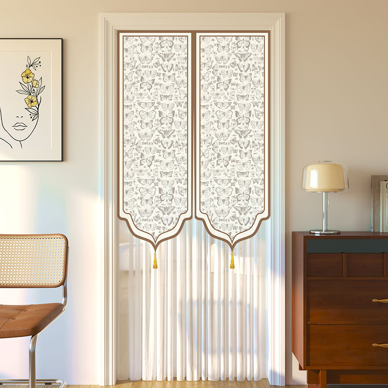 Dverový záves s čipkou, proti komárom, súkromie pre obývaciu izbu a spálňu – polyester, kvetinový vzor, moderný minimalistický štýl, jar 2025