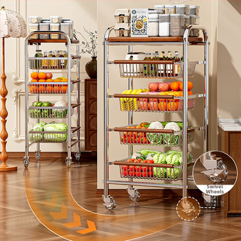 5-poschodový stojan na podlahe s kolieskami z uhlíkovej ocele – otočný, vlhkosť odolný organizér pre kuchyňu, spálňu a obývačku