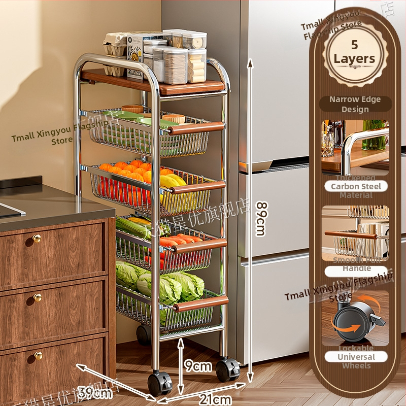 5-poschodový stojan na podlahe s kolieskami z uhlíkovej ocele – otočný, vlhkosť odolný organizér pre kuchyňu, spálňu a obývačku