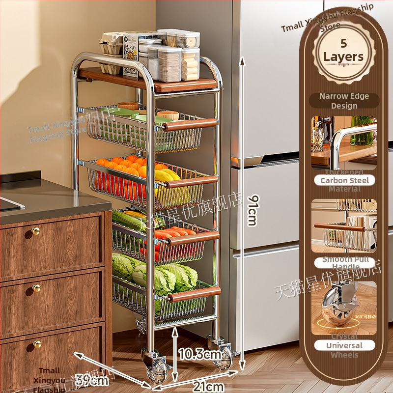 5-poschodový stojan na podlahe s kolieskami z uhlíkovej ocele – otočný, vlhkosť odolný organizér pre kuchyňu, spálňu a obývačku