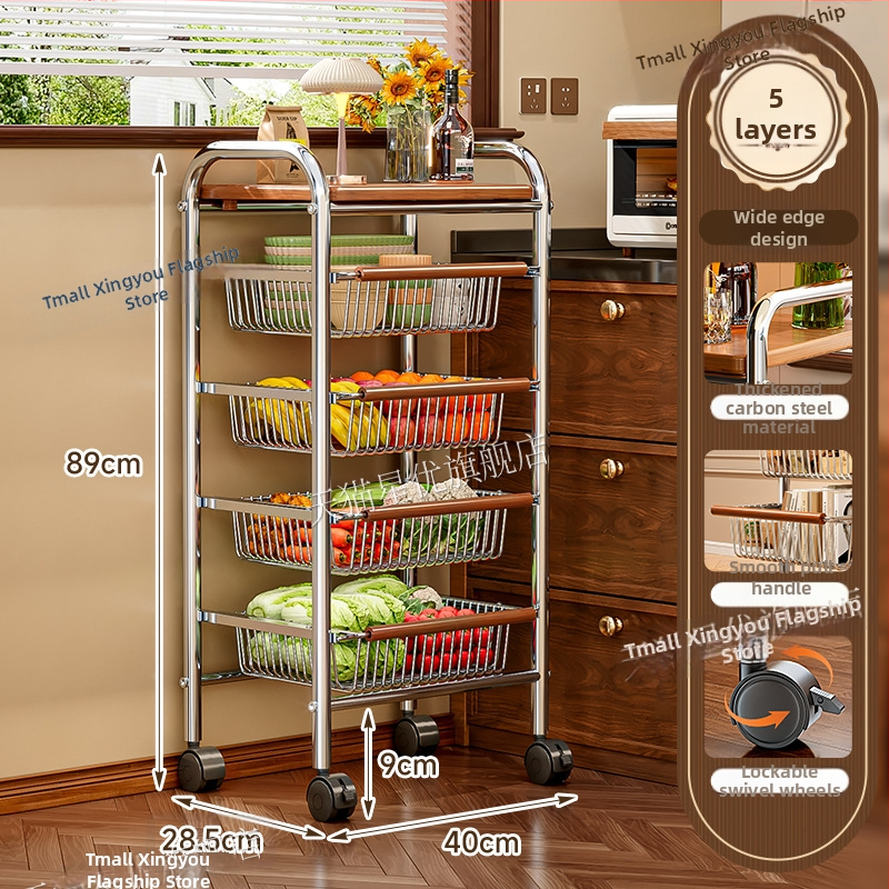 5-poschodový stojan na podlahe s kolieskami z uhlíkovej ocele – otočný, vlhkosť odolný organizér pre kuchyňu, spálňu a obývačku