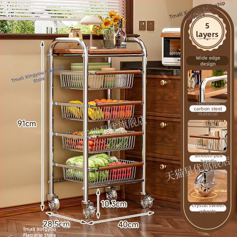 5-poschodový stojan na podlahe s kolieskami z uhlíkovej ocele – otočný, vlhkosť odolný organizér pre kuchyňu, spálňu a obývačku