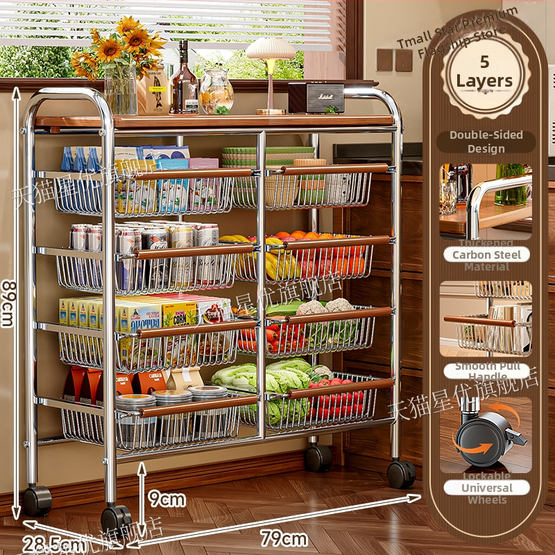 5-poschodový stojan na podlahe s kolieskami z uhlíkovej ocele – otočný, vlhkosť odolný organizér pre kuchyňu, spálňu a obývačku