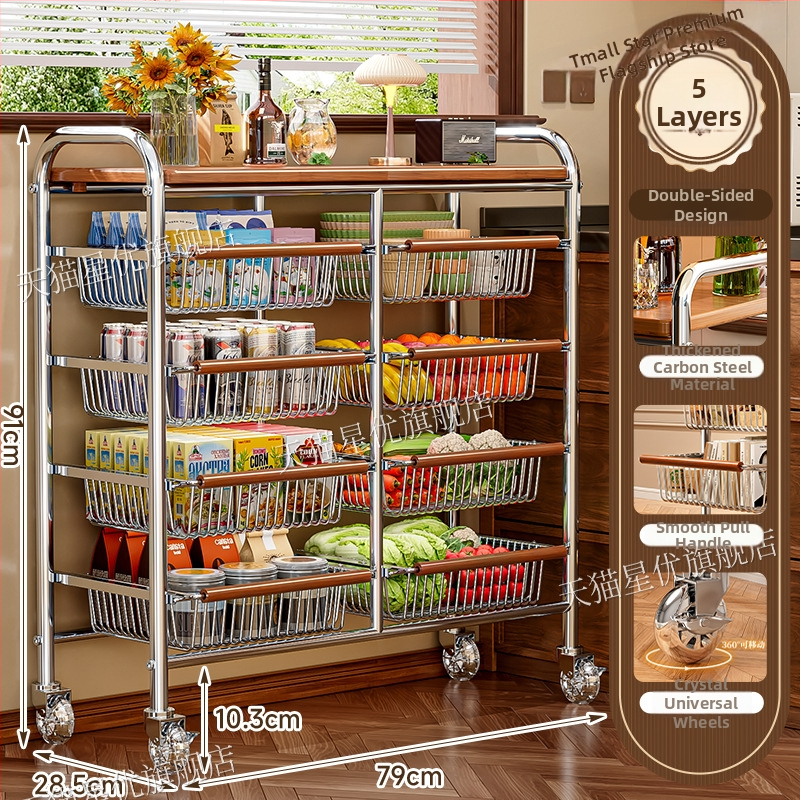 5-poschodový stojan na podlahe s kolieskami z uhlíkovej ocele – otočný, vlhkosť odolný organizér pre kuchyňu, spálňu a obývačku